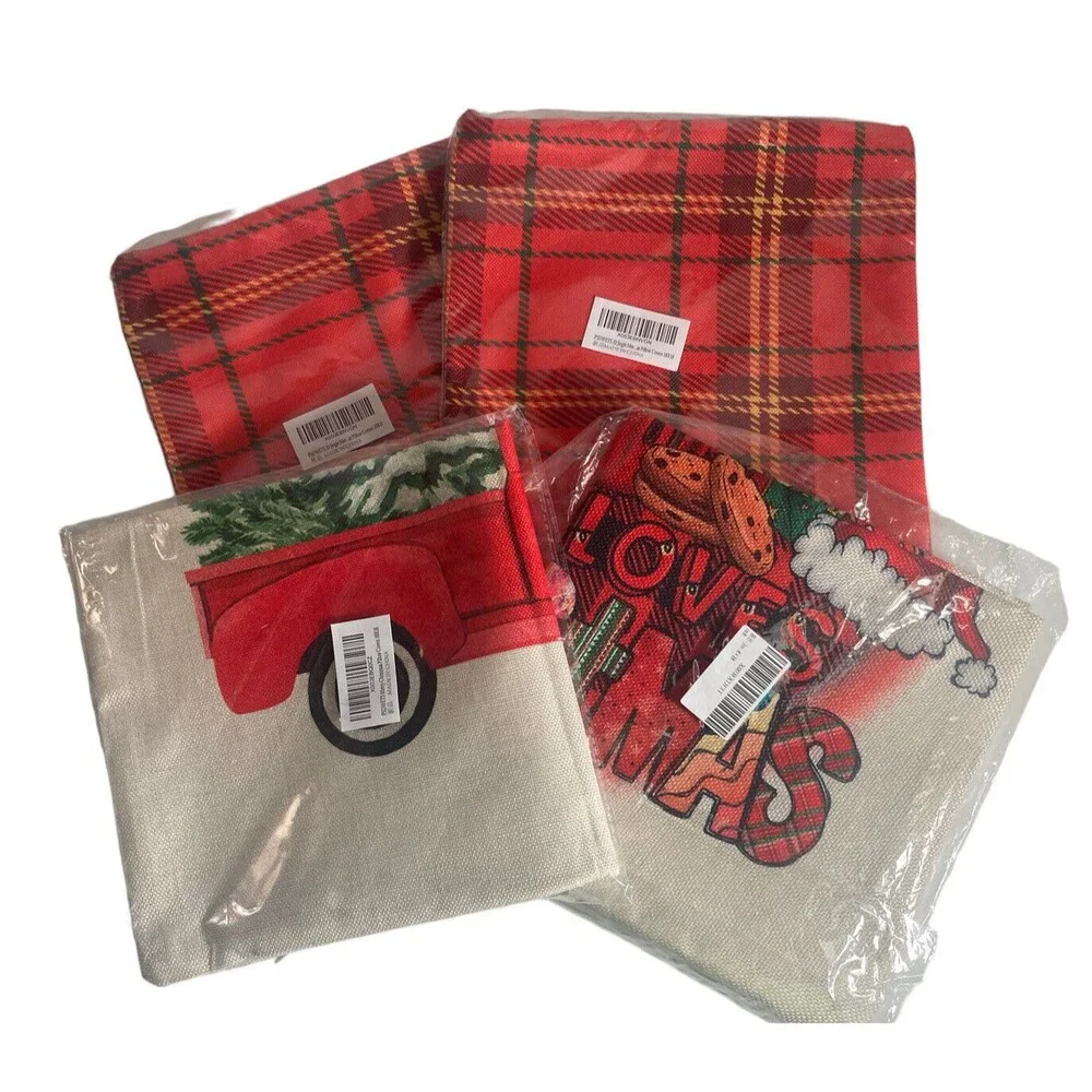 Christmas Toss Pillow Covers 18x18 Set of 4 Farmhouse Country Plaid Home Decor